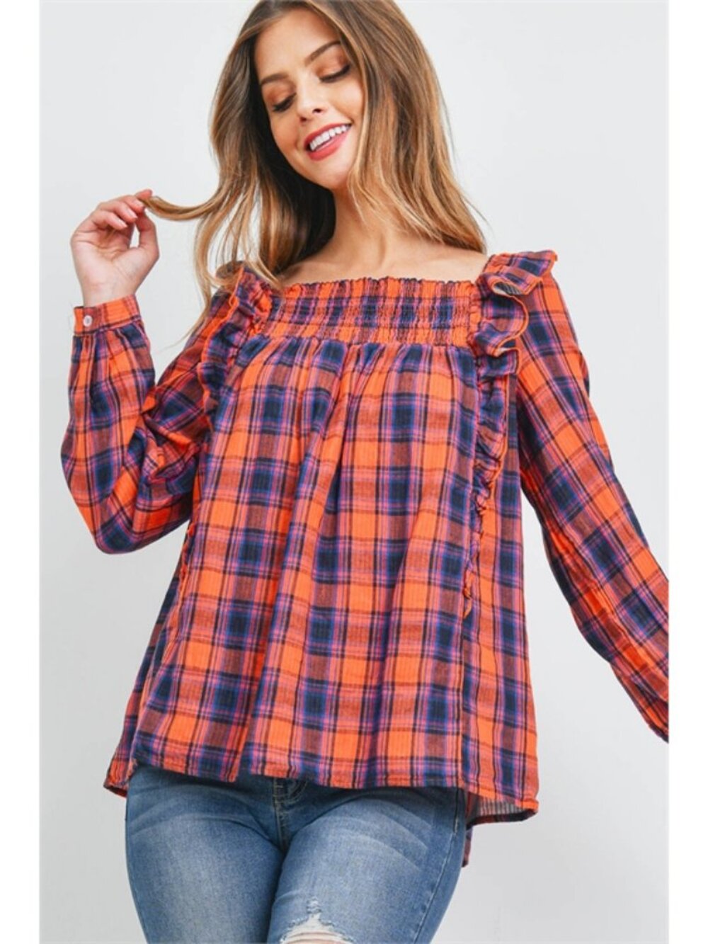 Orange Navy Plaid Square Neck Top Size S M or L